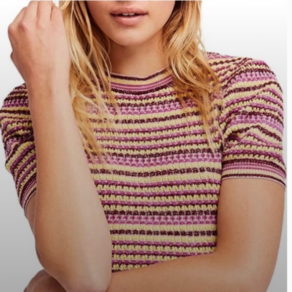 NEW FREE PEOPLE Into You Shimmer Mini SweaterDress Pink Metallic Retro Stripe - Picture 15 of 16